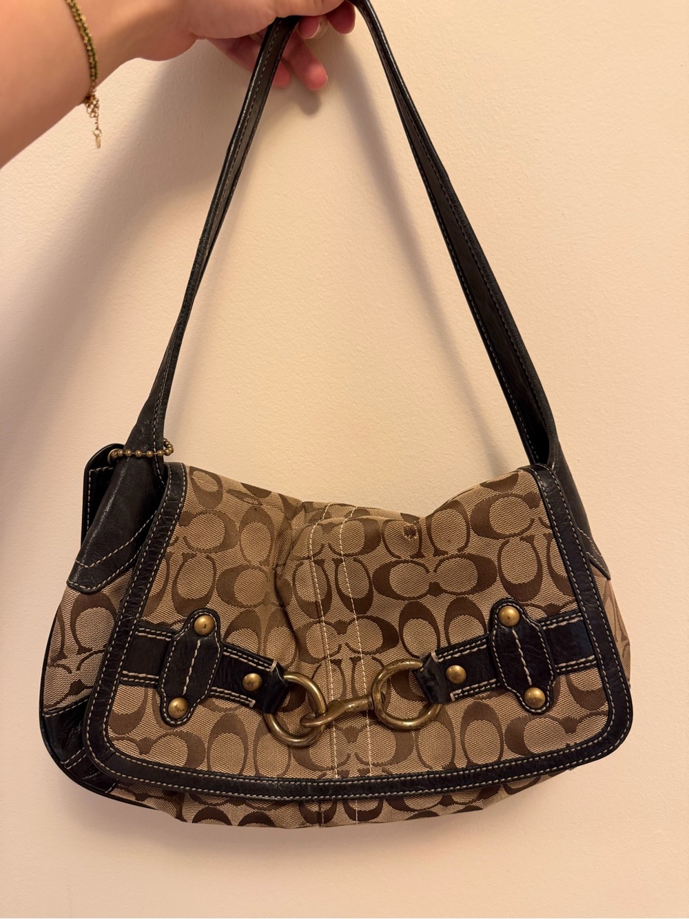 Coach Brown Signature Canvas Shoulder Bag with Black Trim